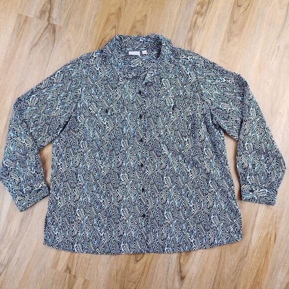🔹️Kim Rogers Turquoise Geo Print Buttoned Adjustable Sleeve Top 2X - Picture 1 of 12